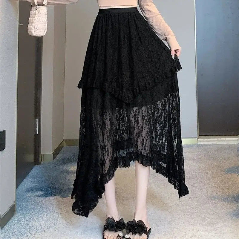 BXOXO Lace Fairycore Tulle Women Skirt Sweet Ruffle White Skirts Vintage Korean Style Streetwear Patchwork Irregular Skirt