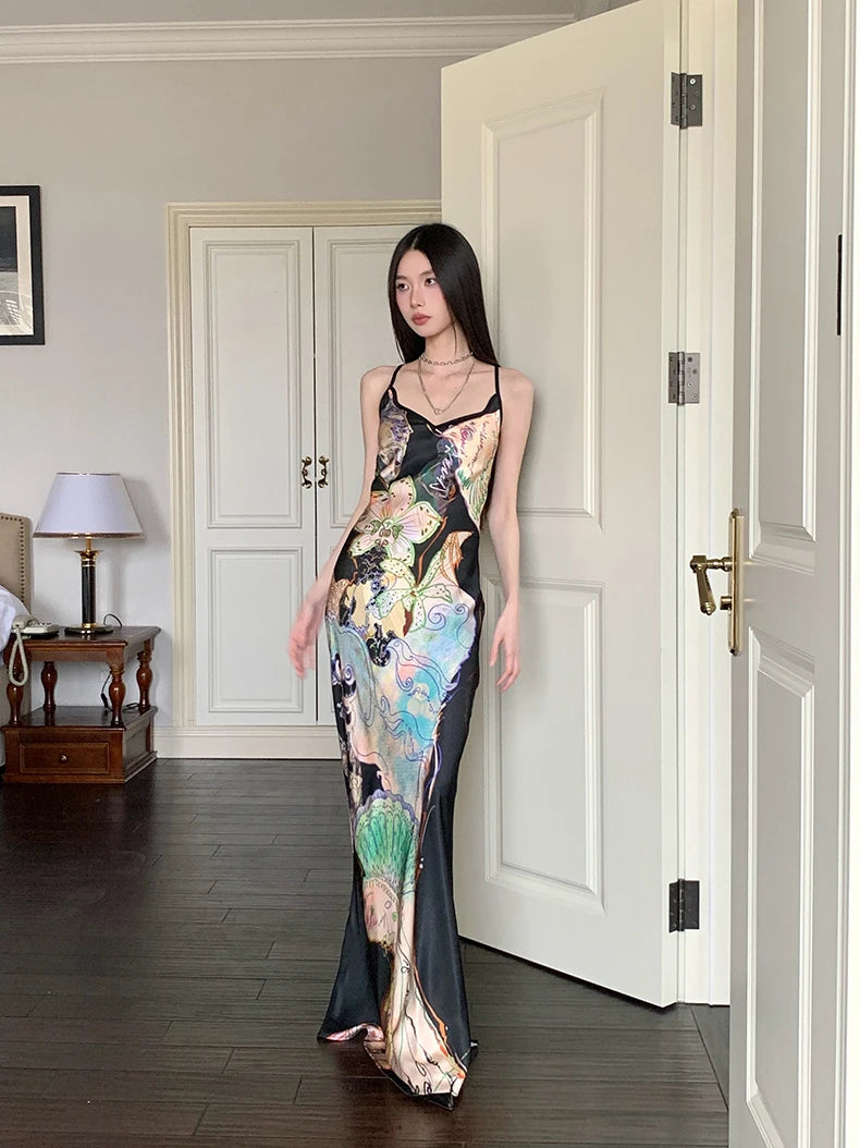 Bxoxo Ocean Flowers Backless Long Mermaid Dress For Woman Summer 2025 V Neck Midi Slip Dress Evening Party Clothes