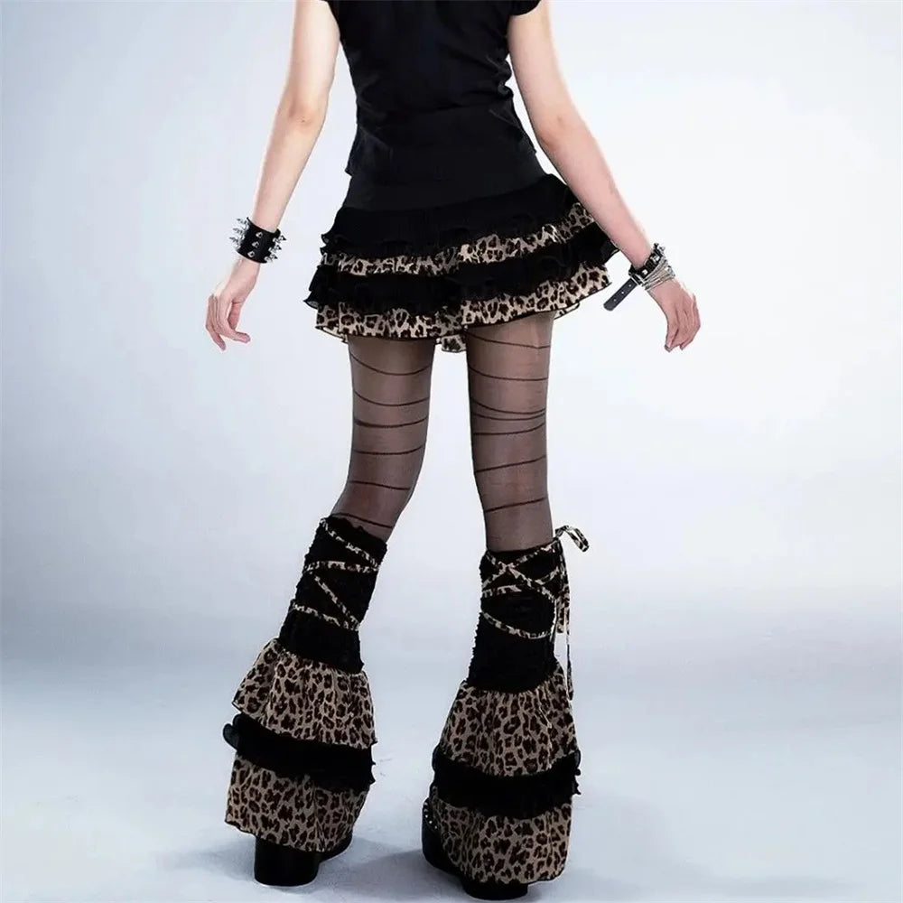 Bxoxo Y2K Leopard Print Ruffle Kawaii Vintage Skirts Goth Black Aesthetic Subculture Short High Waist Punk Cake Fluffy Cute Slim Skirt