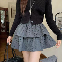 BXOXO Sweet Kawaii Mini Skirt Women Grey Korean Style Elegant Dot Short Skirts Coquette Fashion High Waist Cute Ruffle Skirt
