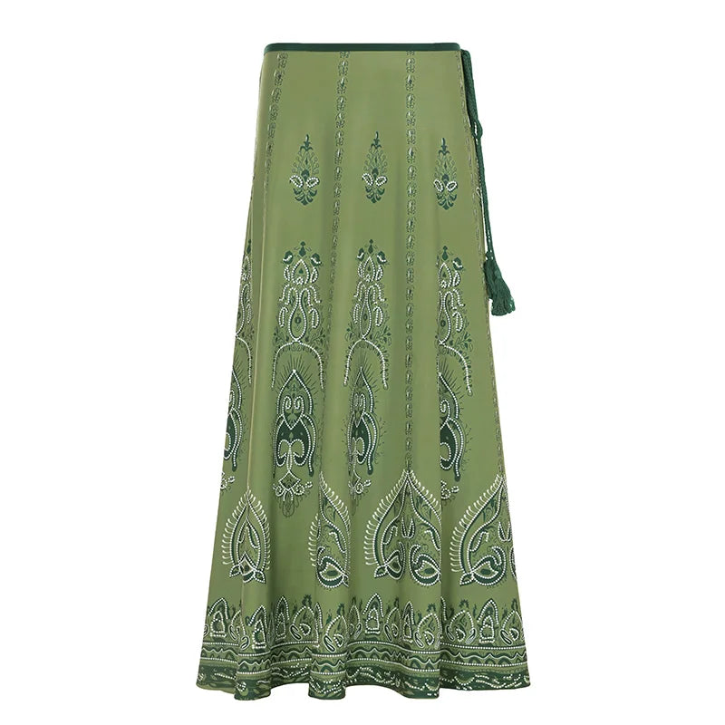 Bxoxo Retrp Print Knitted Long Skirts Chic Lace-up Low Rise Loose A-line Vintage 2000s Skirts for Women y2k Aesthetic Clothing