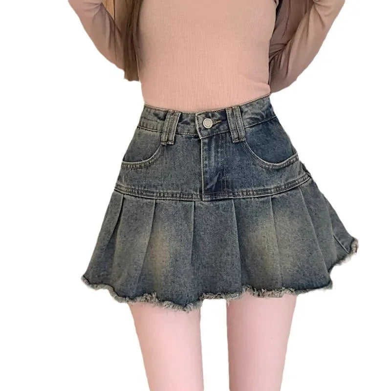 BXOXO Vintage Fringe Design Slimming High-waisted Denim Skirt Women's Mini Dress Plenty Wrinkles For Summer