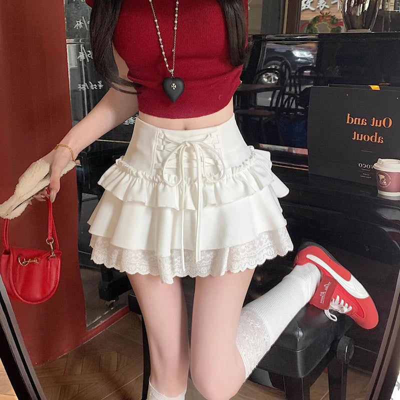 Bxoxo Sweet Lace Up Mini Skirt Women Y2K Summer Lace Patchwork A-Line Skirts High Waist Kawaii Lolita Preppy All Match Tutu Skirts