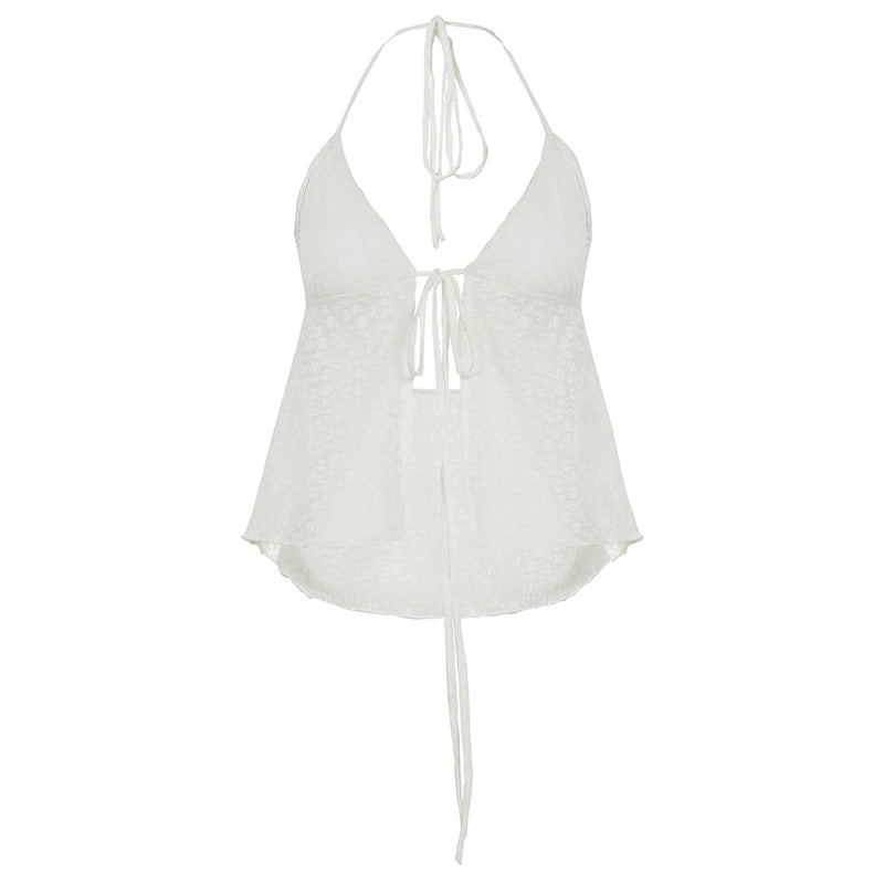 BXOXO Sexy Transparent Lace-up Split Camis Summer Holiday See Through Sleeveless Bandage Halter Crop Tops Vintage y2k Lady Tees