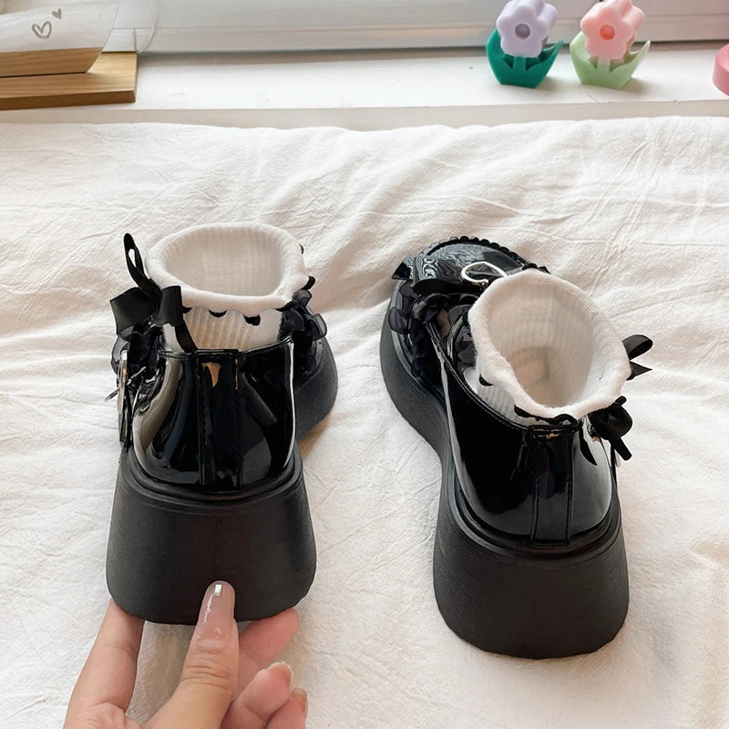 BXOXO Sweet Lace Bowknot Lolita Shoes Women Heart Buckle Platform Mary Janes Woman Cute Thick Bottom Non-slip JK Shoes