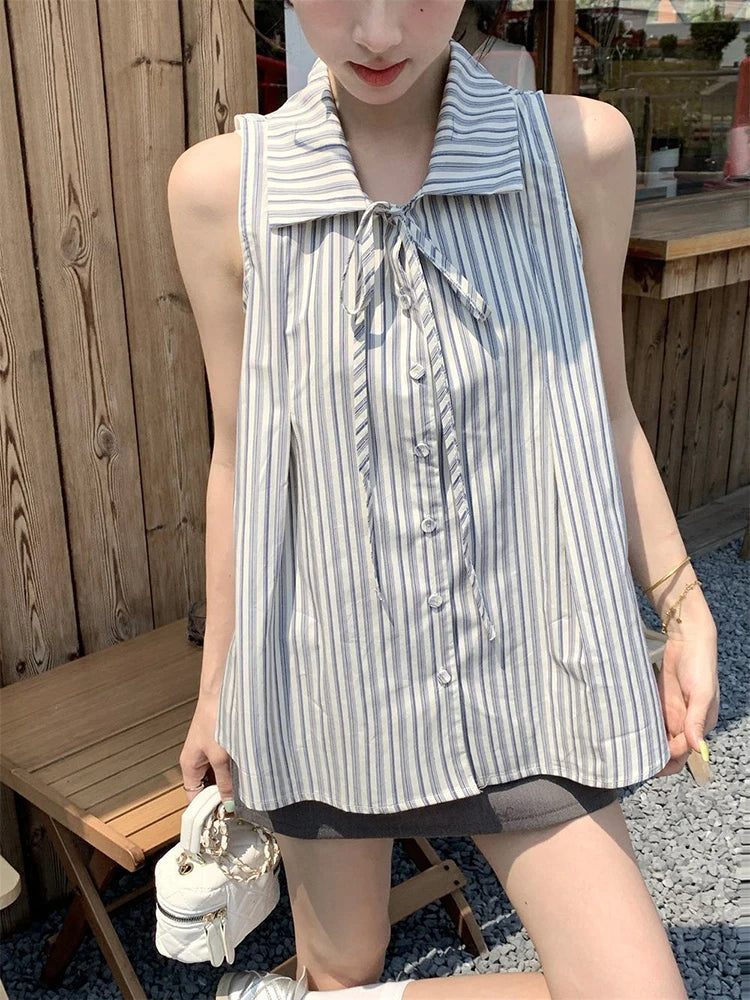 Bxoxo Vintage Striped Sleeveless Shirts Women Summer Loose Lapel Lace Up Blouse Y2K French Elegant Casual Female All Match Tops New