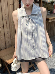 Bxoxo Vintage Striped Sleeveless Shirts Women Summer Loose Lapel Lace Up Blouse Y2K French Elegant Casual Female All Match Tops New