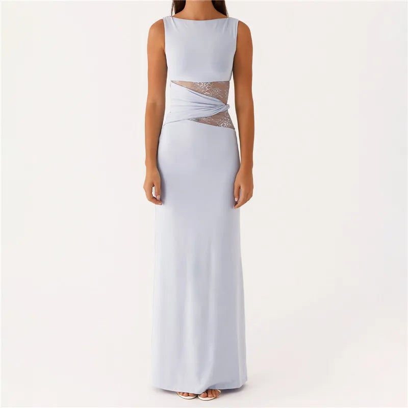 BXOXO Women Bodycon Maxi Dress Sexy Lace Patchwork Sleeveless Backless Long Pencil Dress Y2K Slim Fit Cocktail Party Dresses