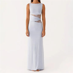 BXOXO Women Bodycon Maxi Dress Sexy Lace Patchwork Sleeveless Backless Long Pencil Dress Y2K Slim Fit Cocktail Party Dresses