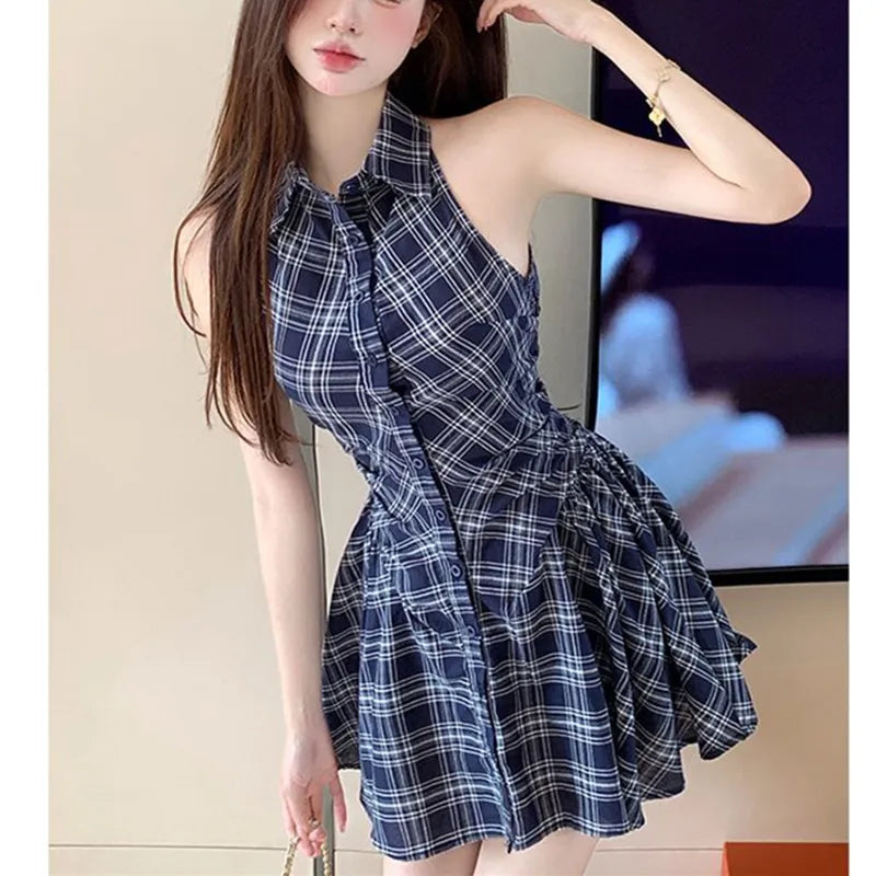 BXOXO Women Summer Plaid Sleeveless Mini Shirt Dress