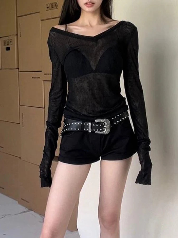 Bxoxo Women Long Sleeve T Shirt Thin Perspective Summer Solid Slim Casual Shirts Female Pullovers Basic Tee Y2k Clothes Streetwear Top