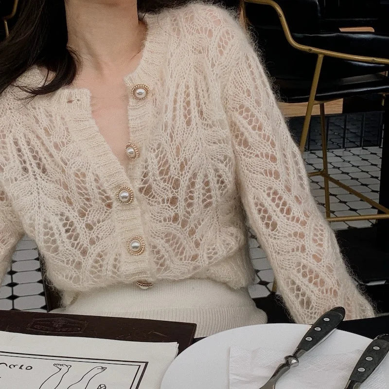 BXOXO Autumn Openwork Knitted Cardigan French Style Elegant O-neck Mohair Coat Sweater Female Casual Solid Long Sleeve Soft Tops