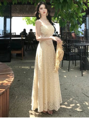 Bxoxo Women's Sexy Hollow Lace Dresses 2025 Summer Elegant French Sling Floral A-Line Full Skirt Long Dress Fashion Holiday Vacation