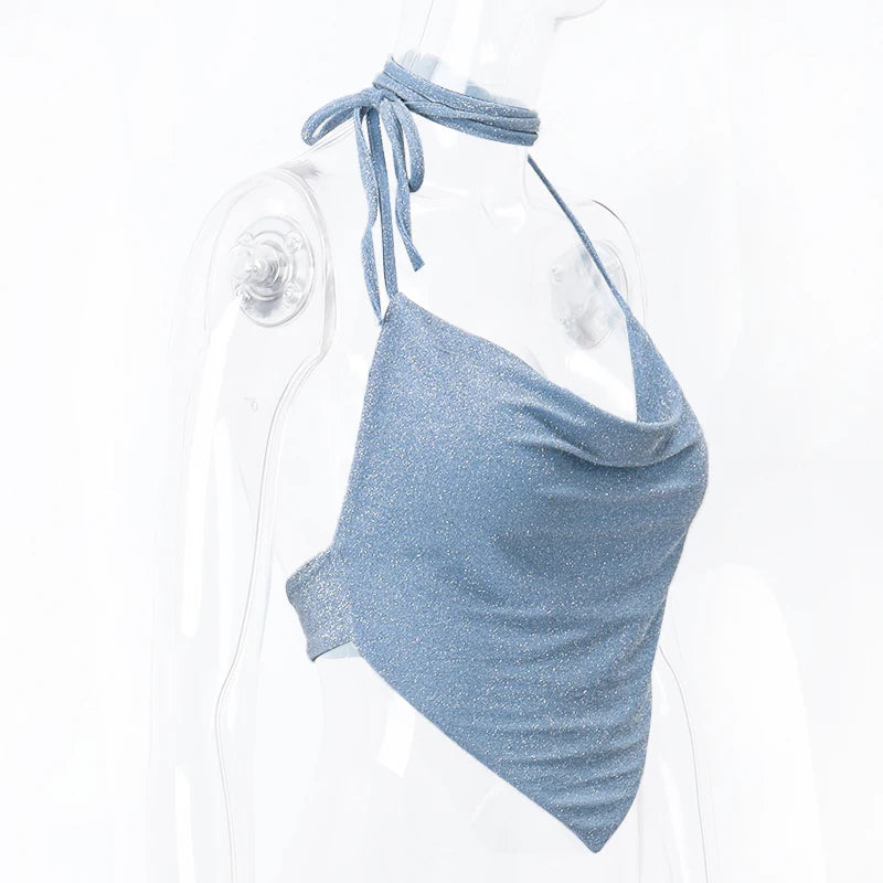 Bxoxo Y2K Shinny Backless Tank Top Sexy Deep V-neck Bandage Halter Crop Tops Aesthetic Irregular Shape Skinny Slim Women Camis
