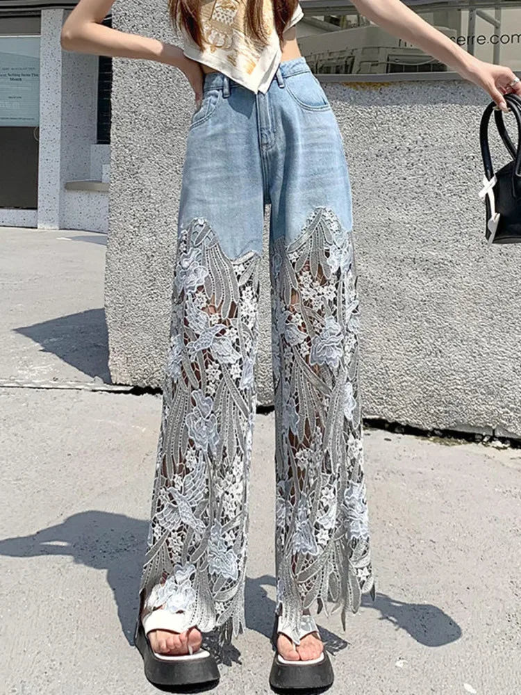 Fashion Elegant Jeans For Women High Waist Lace Splicing Hollow Out Irregular Pantalones De Mujer Casual Slim Denim Long Pants