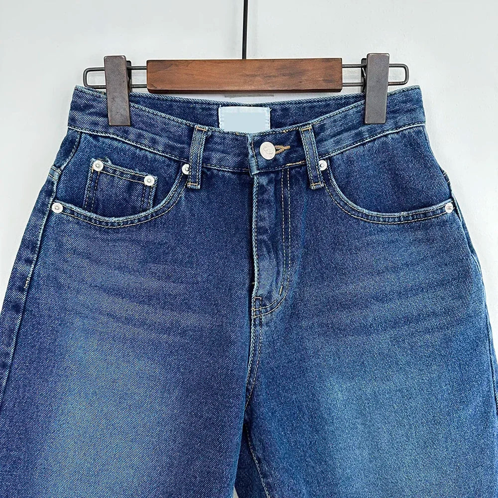 Bxoxo Summer Blue Ragged Edge Retro Versatile Denim Shorts Women's New Korean Fashion High Waist Straight Simple Women's Short Jeans