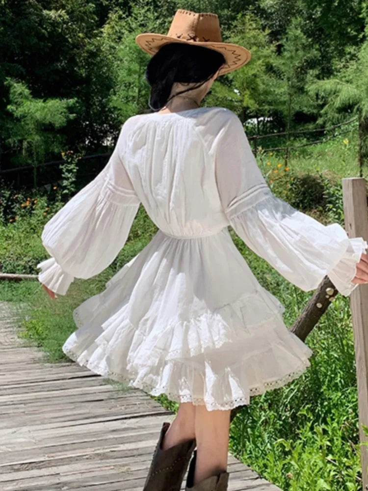 Bxoxo Woman Vintage Korean Short Dress Ruffles Asymmetrical Slim Waist White Long Sleeves Vestidos 2025 New Holiday Casual Dresses