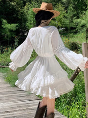 Bxoxo Woman Vintage Korean Short Dress Ruffles Asymmetrical Slim Waist White Long Sleeves Vestidos 2025 New Holiday Casual Dresses