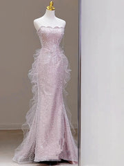 BXOXO Pink Shiny Strapless Celebrity Dresses Bead Sleeveless Off Shoulder Tulle Elegant Light Luxury Mermaid Toast Prom Evening Gowns