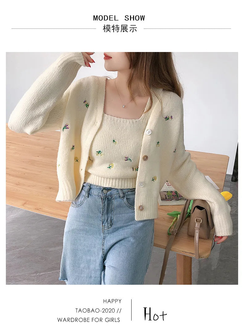 Bxoxo Two-piece Top Suit Flower Embroidered Knitted Korean Style Cardigan Autumn Fashion Sling Sweater Slim Sweet Jacket Sets