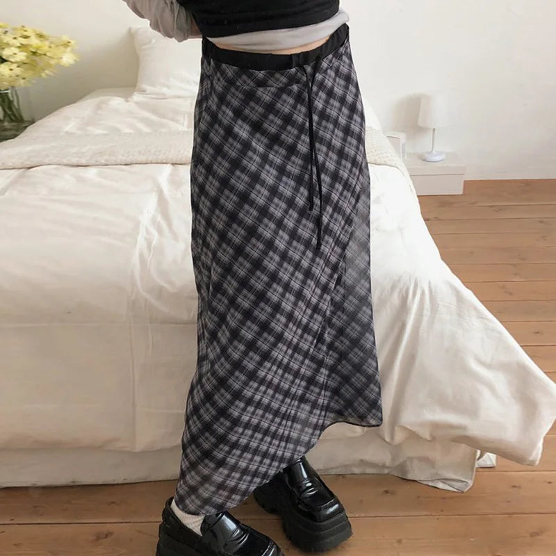 Bxoxo Preppy Style Plaid Print Mesh Skirt Casual All-match Loose A-line Long Skirts for Women Summer Retro Skirt Korean Fashion