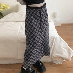 Bxoxo Preppy Style Plaid Print Mesh Skirt Casual All-match Loose A-line Long Skirts for Women Summer Retro Skirt Korean Fashion