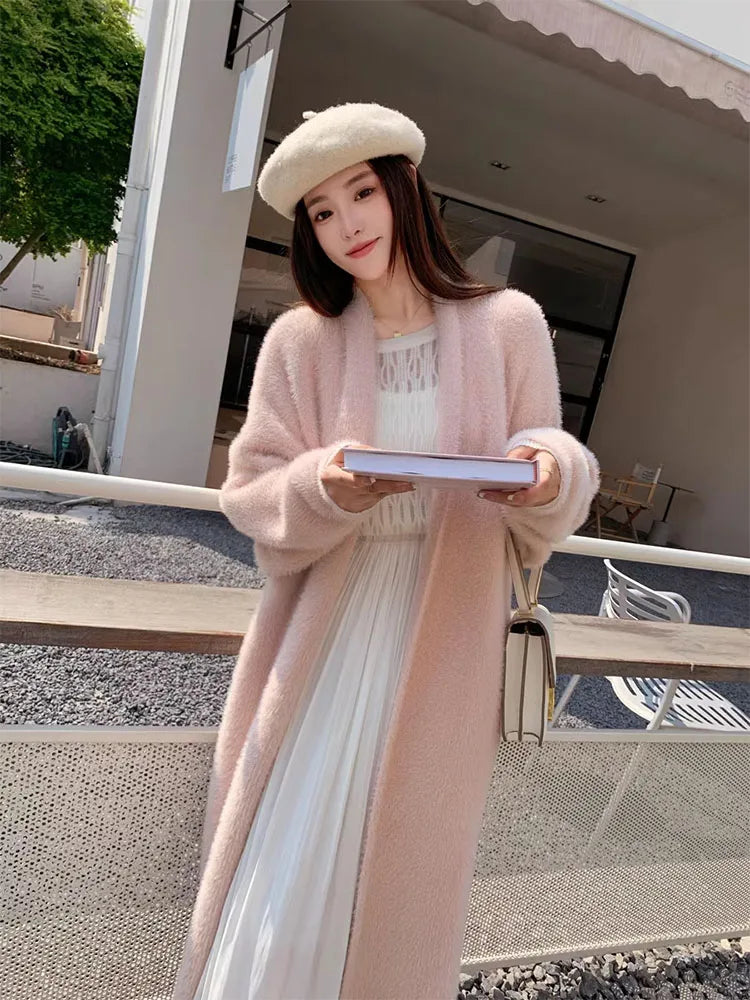 Bxoxo Women's Sweater Cardigan for Women Long Sleeve Knitwears Winter Clothing Imitation Mink Velvet Knitted Fluffy