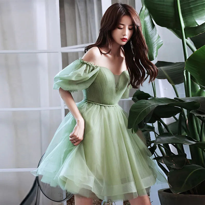 BXOXO Green Sweat Puff Sleeve Lady Girl Women Princess Bridesmaid Banquet Party Ball Prom Short Dress Gown Sexy Bandeau Backless Club