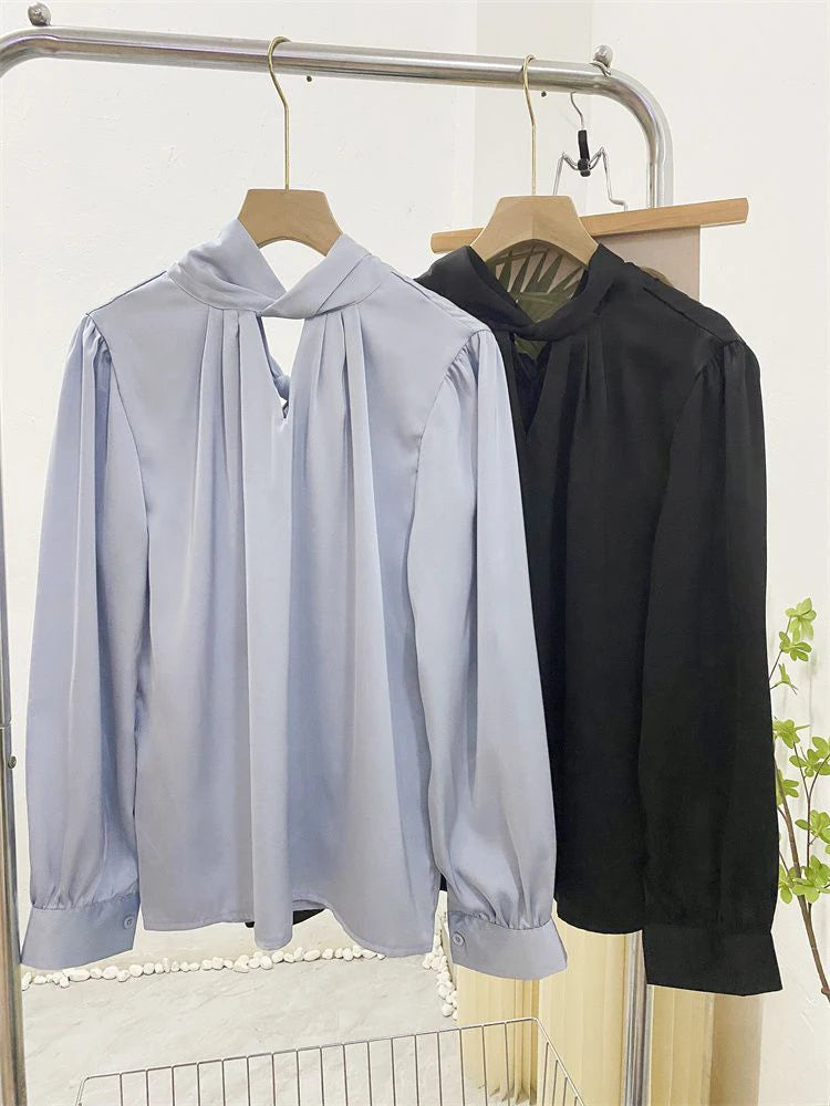 Bxoxo Spring Scarf Collar Women Blouse Fashion Long Sleeve Solid Elegant Office Lady Casual Tops Korean Chic Lace Up All Match Shirt