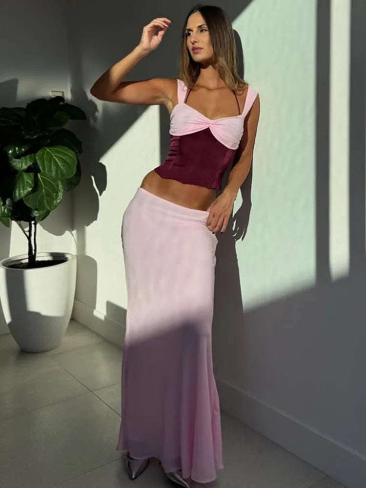 BXOXO  Sexy Skirt Two Piece Sets Women Halter Lace-up Cropped Tops And Maxi Skirt Ladies Fashion Sleeveless 2 Piece Sets