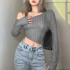 BXOXO Autumn Sexy Tees Women T-shirt Solid Fashion Asymmetrical Long Sleeves Slim Crop Top Casual Bodycon T-shirts Female Streetwear