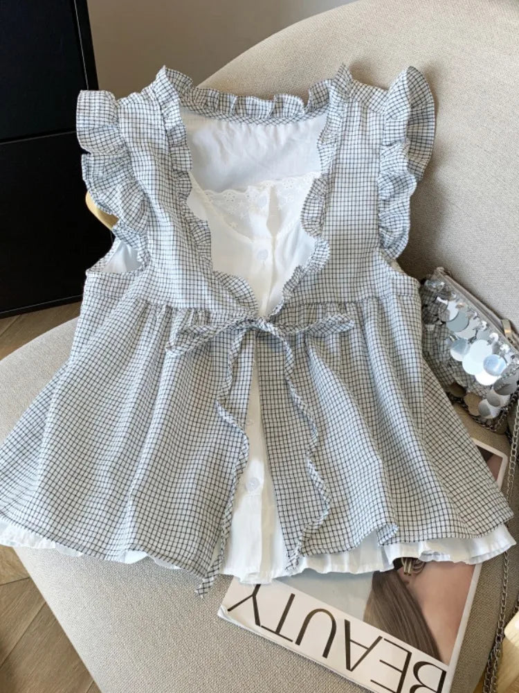Bxoxo Blue Plaid irt-Like Two-Piece Women's Summer Thin Doll irt Beautiful Bow-Tie Fly Sve Sweet Sle Loose Fit Polyester F...