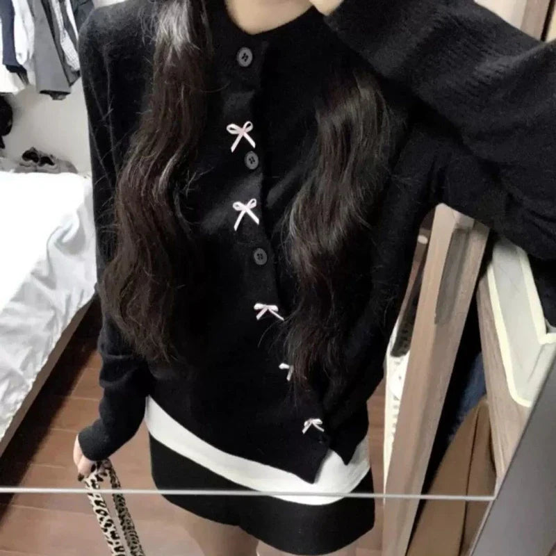 BXOXO Korean Style Sweet Bow Knitted Cardigan Women Elegant Black Sweaters Kawaii Irregular Long Sleeve Cardigan Aesthetics