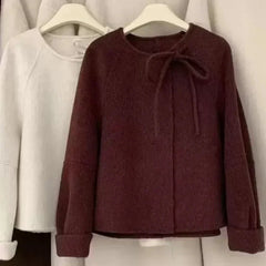 Bxoxo Fashion Faux Wool Black Coat Women Korean Thickened Bow Lace Up Casual Jacket Y2K Autumn Loose Streetwear Female Blends Outwear