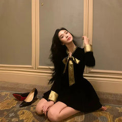 Bxoxo Velvet Lace Up Mini Dress Autumn Korean Chic Bow Patchwork Mini Dress Fashion Aesthetic Streetwear Party Club Ladies Vestidos
