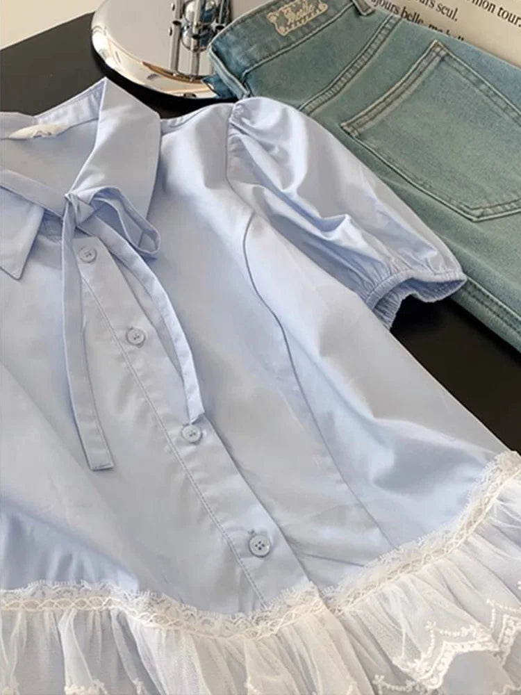 BXOXO Casual Sweet Blue Shirt Women Cute Lace Patchwork Bow Blouse Vintage French Preppy Style Short Sleeve Elegant Kawaii Tops