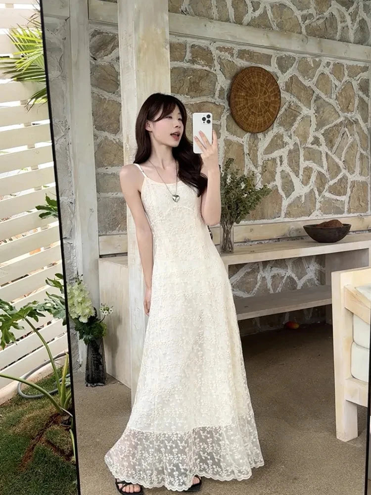 Bxoxo Vintage Embroidered Women Camis Dress Korean Chic Spaghetti Straps Midi Dress Y2K Ladies Elegant Beach Party A Line Dress