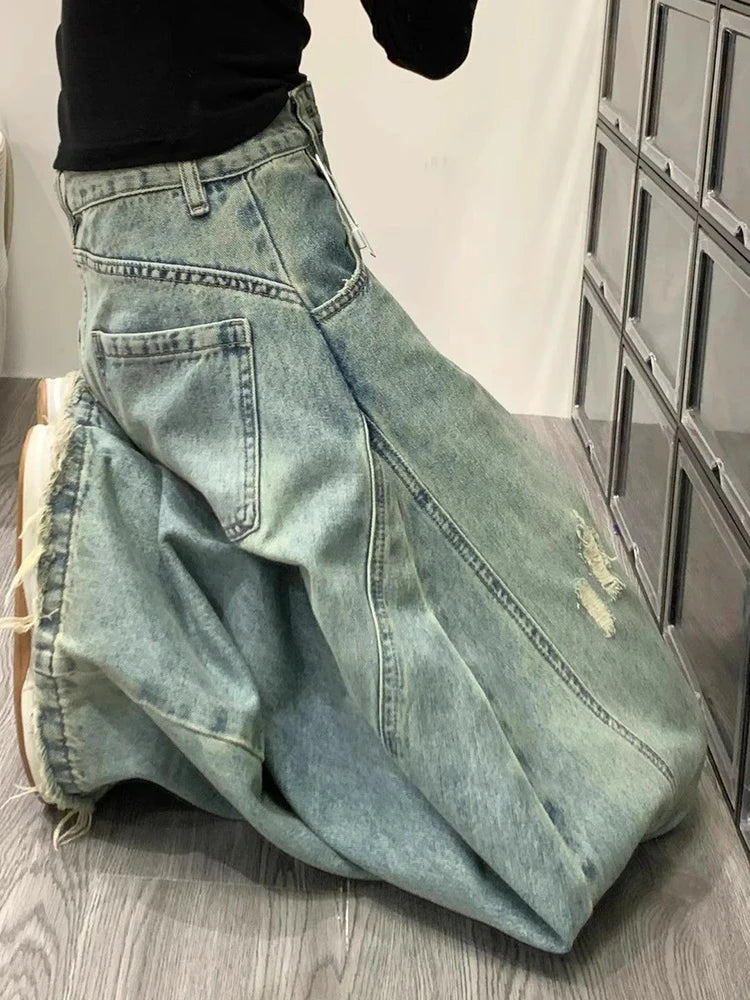 Bxoxo Streetwear Women Hole Jeans Summer High Waist Loose Washed Wide Leg Pants Bf Harajuku Hip Hop Patchwork Tassels Denim Trousers
