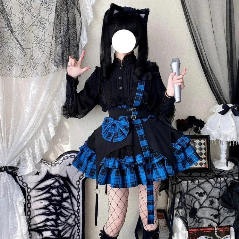 BXOXO 2024 Cute Girl Y2k Cosplay Costume Party Skirt Ball Gown Lolita Plaid Bow Suspender Skirt Women Love Button A-Line Mini Skirts