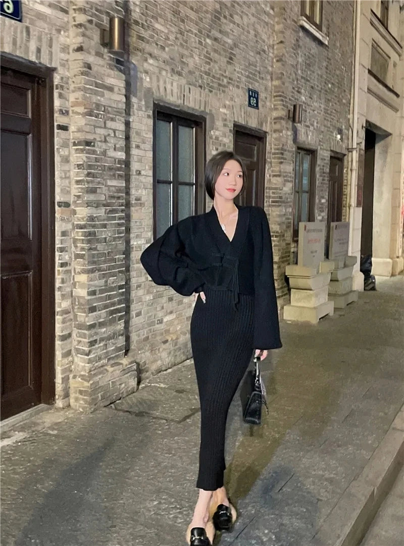 Bxoxo  Winter Elegant 2 Piece Sweater Dresses Set Women Loose Warm Knitted Bodycon Suit Female Casual Korean Fashion Chic Streetwear