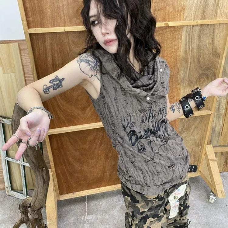BXOXO Street Hole Hollow Out Tops Women Pearl Button Print Hoodie Tee Shirt Y2k Grunge Slim Fit Sleeveless T-shirts Vest Tanks