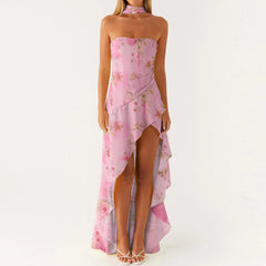 BXOXO Women Casual Tube Dress Summer Solid Color/Floral Print High Low Ruffles Dress with Scarf for Cocktail Streetwear