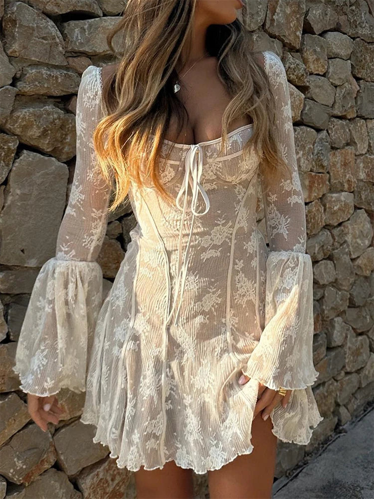 BXOXO Lace Ruffle Mini Dress Slim Sexy Backless Long Sleeve Bandage Dresses Women Summer Slim Patchwork Vacation Beach Dress