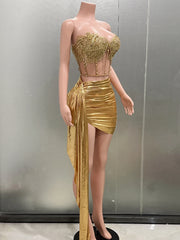 BXOXO Gold Color Women Sexy 2 Pieces Strapless Bodycon Mini Dress Bar Singer Nightclub Party Celebrate Birthday Dress Wholesale