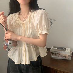 Bxoxo Chic Summer New Sweet Design Sense Bow Tie Flower Embroidery Bubble Sve Top Women's irt Fre Sle round Ne ort Sve