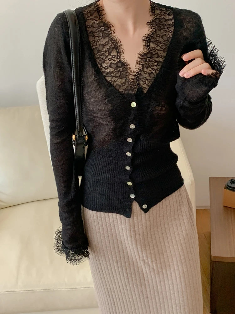 BXOXO Korean Fashion Chic Vintage Sweater Lace Women Autumn Winter Knitted V-Neck Cardigans Elegant Tops