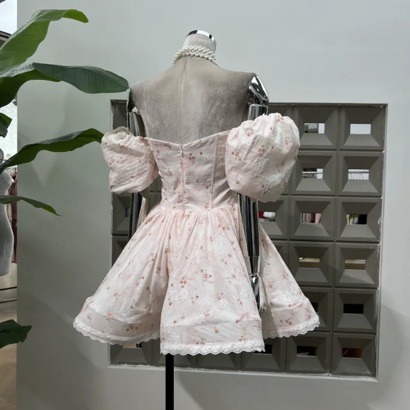 BXOXO French Spliced Appliques Sweet A Line Dresses For Women Slash Neck High Waist Printing Lace Backless Dress Female Fashion