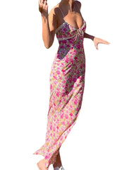 BXOXO Women Sleeveless Y2k Sexy Beach Style Camisole Dress with Flower Pattern Lace Patchwork V Neck Long Type Summer Clothing