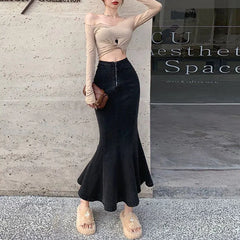 Bxoxo Long Denim Skirt for Women High Waist Autumn Blue Slim Jean Fishtail Skirt Korean Fashion Skinny Solid Elastic Slit Skirt Women
