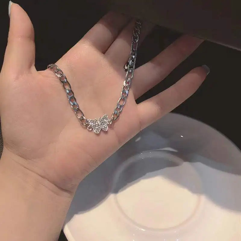 BXOXO Hip Hop Silver Color Butterfly Necklace Vintage Crystal Butterfly Thick Chain Choker Necklace For Women Rock Street Jewelry